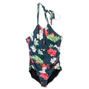 Womens One Piece Halter Bathing Suit XL Teal Floral Tummy Control Swimwear